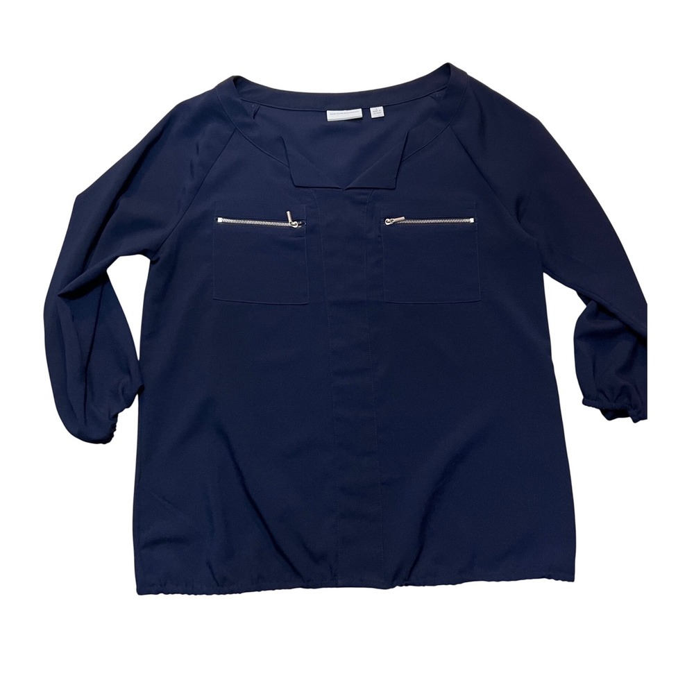 New York & Company Navy Blue Zipper Pocket Blouse‎ 3/4 Sleeve Small